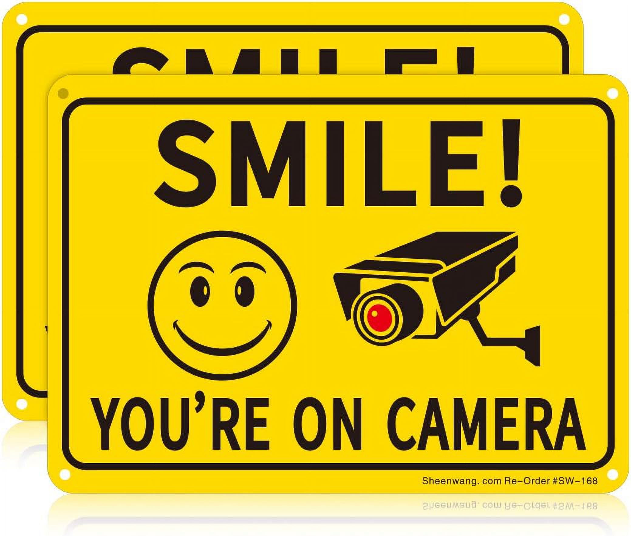sheenwang 2-pack smile you?re on camera sign, video surveillance signs outdoor, uv printed .040 mil rust free aluminum 10 x 7 in, security camera sign