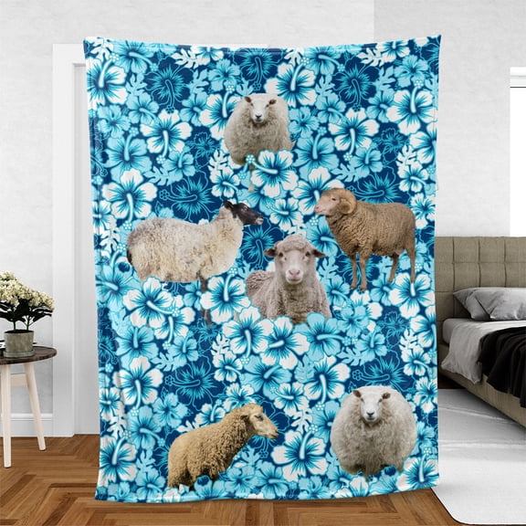 Sheep Blue Hibiscus Blanket, Farmer, 30x40in Fleece Blanket