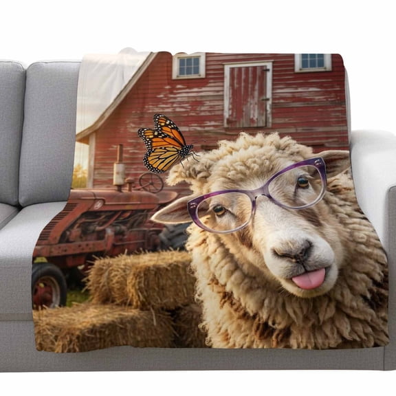 Sheep Butterfly Fleece Throw Blanket Lightweight Funny Farm Sunglasses Sheep Butterfly Fuzzy Flannel Throws Super Soft Cozy Flannel Blanket for Couch, Sofa, Bed, Travel 40"x50"