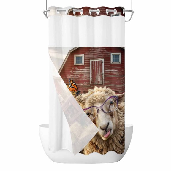 Sheep Butterfly No Hook Shower Curtain with Snap in Liner Funny Farm Sunglasses Sheep Butterfly Waterproof Bathroom Shower Curtain with See Through Top Window for Bathtub 36" x 72"