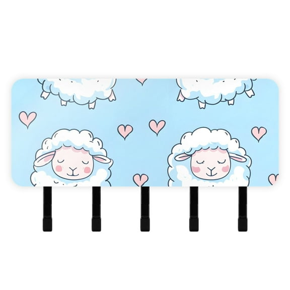 Sheep Cartoon Blue Mail Holder Organizer Wall Mount with Shelf Key Holder Key Rack with 5 Key Hooks for Wall Decorative