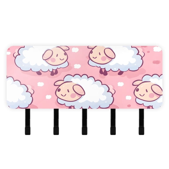 Sheep Cartoon Pink Mail Holder Organizer Wall Mount with Shelf Key Holder Key Rack with 5 Key Hooks for Wall Decorative