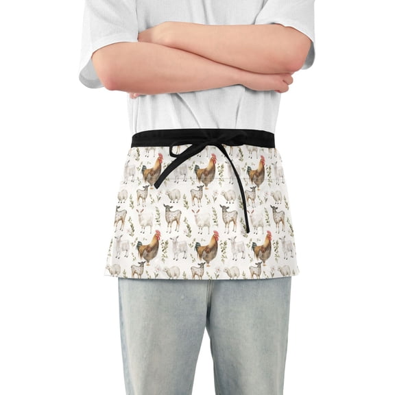 Sheep Chicken Leaf Server Apron with 3 Pockets Waterproof Waitress Waist Short Apron for Man Woman 12 Inches