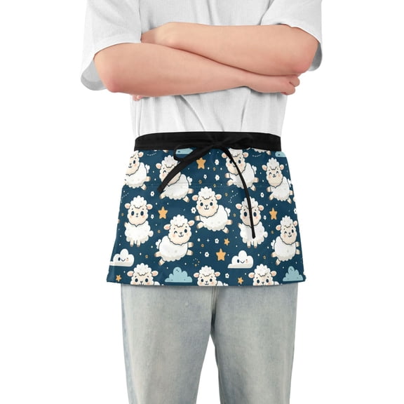 Sheep Cloud Star Server Apron with 3 Pockets Waterproof Waitress Waist Short Apron for Man Woman 12 Inches