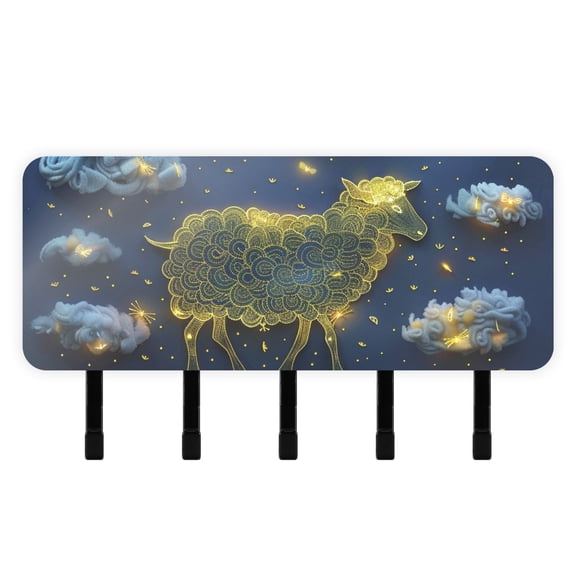 Sheep Clouds Moon Mail Holder Organizer Wall Mount with Shelf Key Holder Key Rack with 5 Key Hooks for Wall Decorative