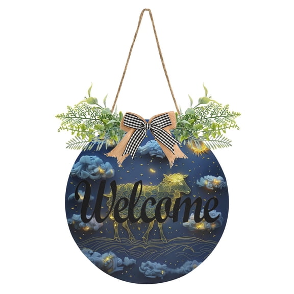 Sheep Clouds Moon Welcome Sign for Front Door Wreath Door Sign for Farmhouse Porch Decoration Indoor Outdoor