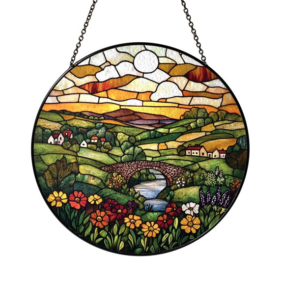 Sheep Countryside Stained Glass Window Decor, Sunset Mountain Pastoral Scene Suncatcher for Cozy Homes