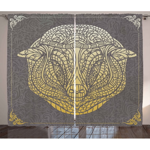 Sheep Curtains 2 Panels Set, Geometric Floral Ornamental Sheep Head Pattern in Gradient Colors, Window Drapes for Living Room Bedroom, 108W X 90L Inches, Earth Yellow Eggshell Grey, by Ambesonne