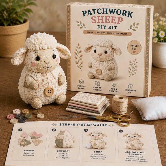 Sheep DIY Patchwork Sewing Kit Handmade Collection, DIY Sewing Kit for Beginner, Handmade Stuffed Sheep Sewing Project for Adults & Teens, DIY Gift Kit