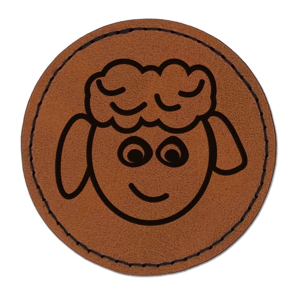 Sheep Face Doodle 2.5" Faux Leather Round Engraved Iron-On Patch - Brown