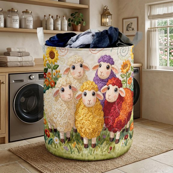 Sheep Farm Quilted Laundry Basket, Cute Lamb Fabric Laundry Hamper, Farm Animal Storage Basket, Rustic Farmhouse Laundry Bin