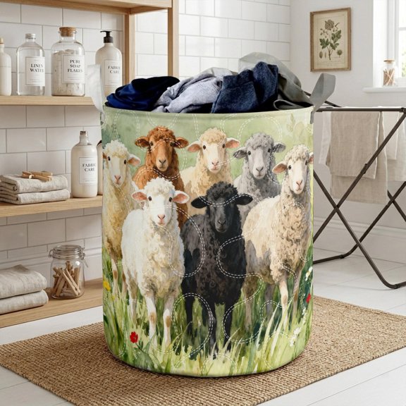 Sheep Farm Quilted Laundry Basket, Cute Lamb Fabric Laundry Hamper, Farm Animal Storage Basket, Rustic Farmhouse Laundry Bin