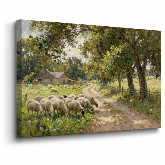 Sheep Farmhouse Canvas Wall Art Framed Decor Country Lane Sheep and Cottage Landscape canvas print for bathroom bedroom or living room