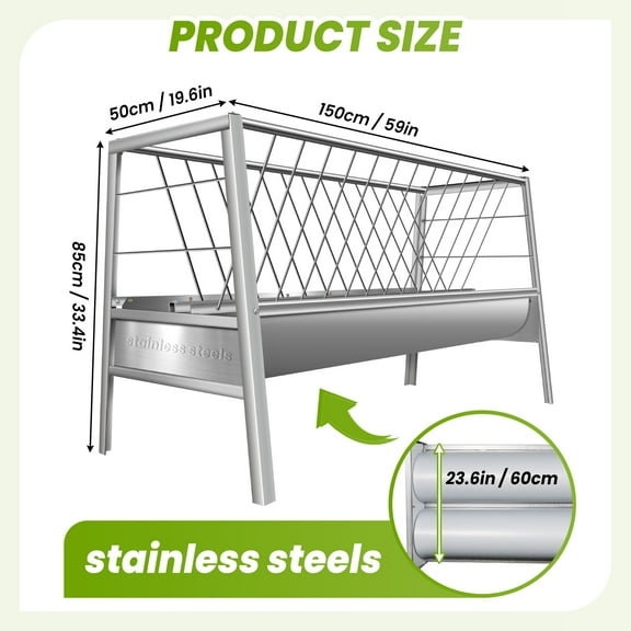 Sheep Feed Trough 88 Gallon, Stainless Steel Anti - Rust Livestock Feeder 59x19.6x33.4in, Ideal for Goats, Sheep in Outdoor Farms