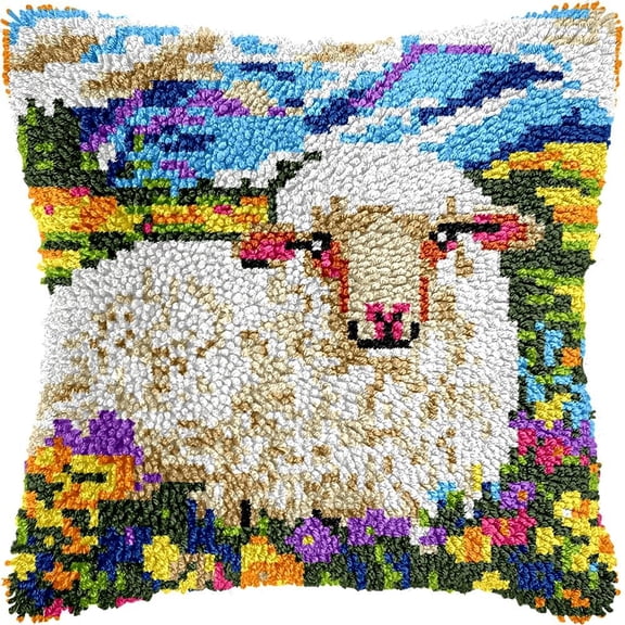Sheep in Flowers Latch Hook Kits Pillow DIY Pillowcase Crochet Hook Cushion Making Kits with Preprinted Pattern Canvas Instruction Yarns Pillow Cover Easy Starter DIY Crochet Kits 43x43cmf74)