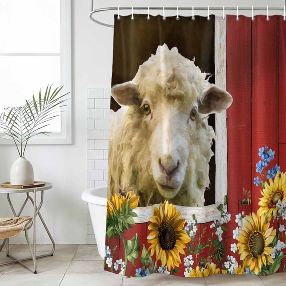 Sheep Flowers Shower Curtain Set, Waterproof Shower Curtains for Bathroom, Country Red Barn Botanical Sunflowers Washable Fabric Cloth Bath Curtain for Bathtub Decoration with Hooks 66x72 Inches