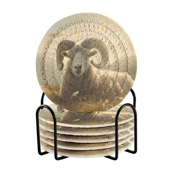 Sheep Grass Mountain Sunlight 6 Pcs Drink Coasters with Holder Absorbent Coasters Woven Coasters for Drinks Table Desk Protection Home Decor