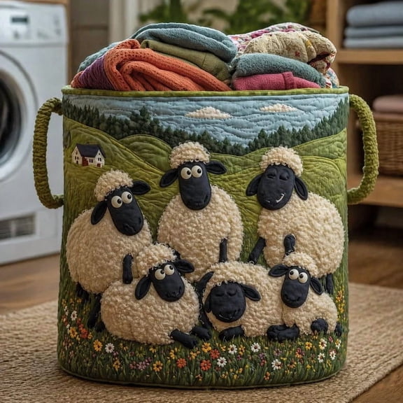 Sheep Heaven Quilted Laundry Basket, Sheep Laundry Room Decor, Soft Fabric Hamper, Colorful Sheep Storage Bin, Gift For Mom, Gift for Her