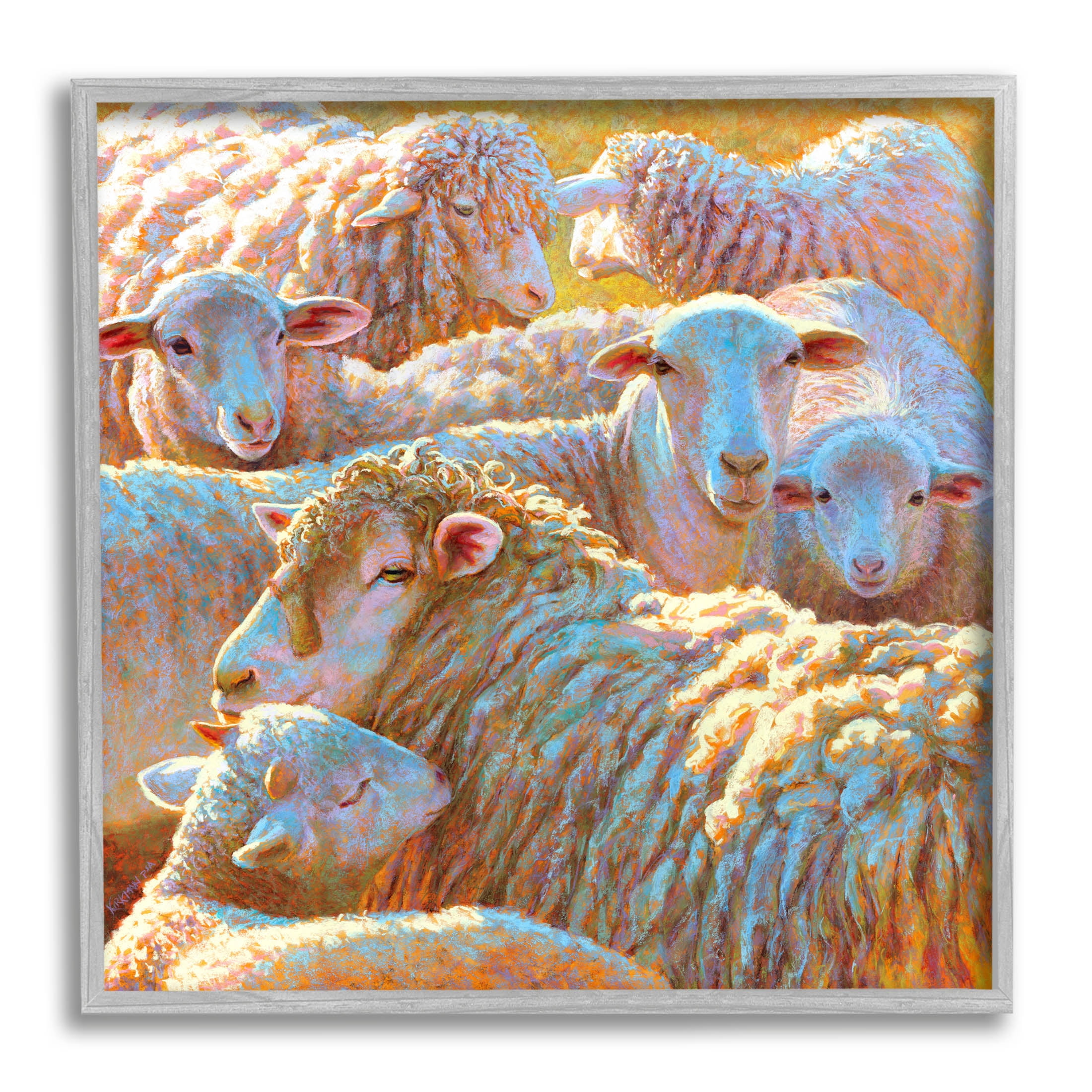Sheep Herd Farm Animals Animals & Insects Painting Gray Framed Art Print Wall Art