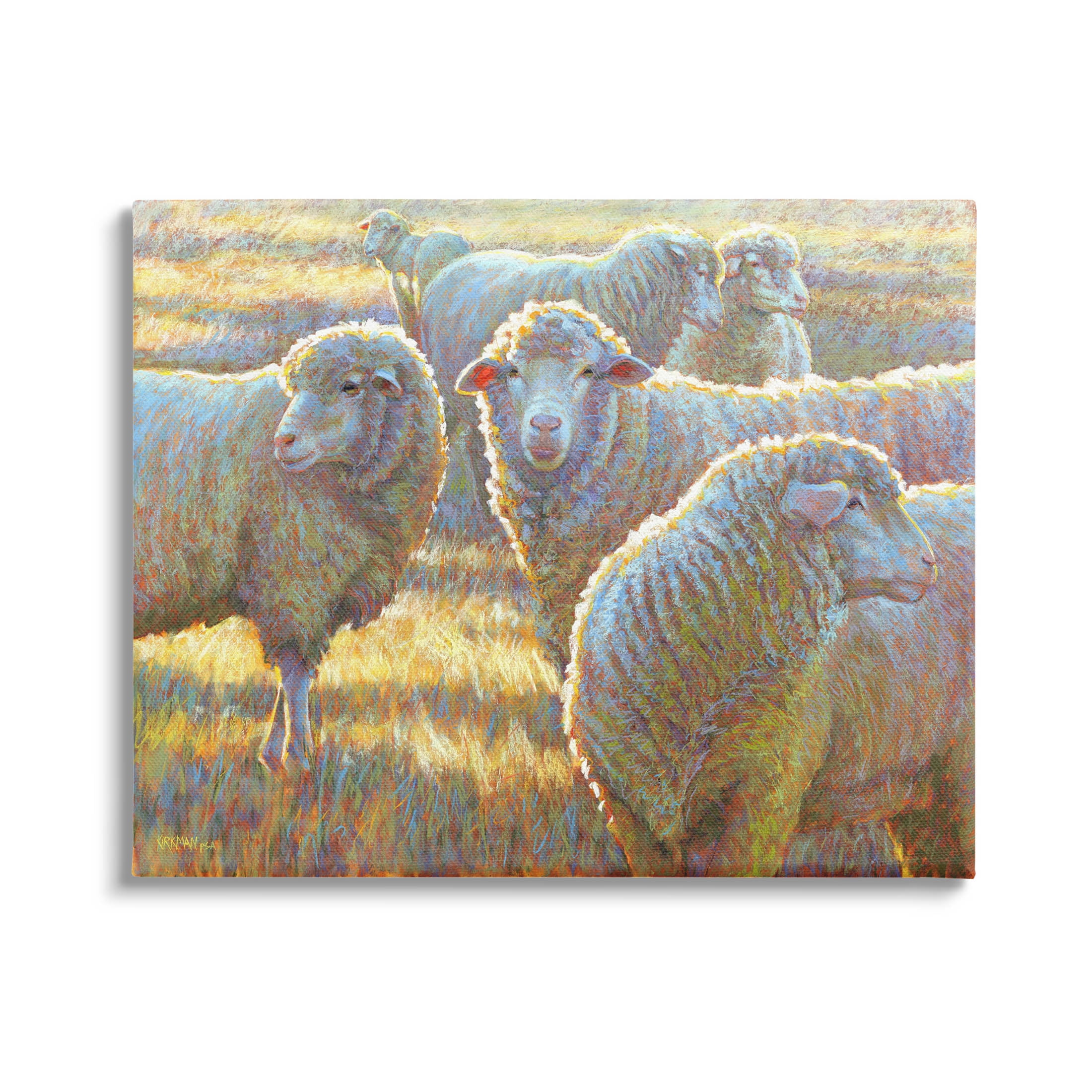 Sheep Herd Grazing Grassland Animals & Insects Painting Gallery Wrapped Canvas Print Wall Art