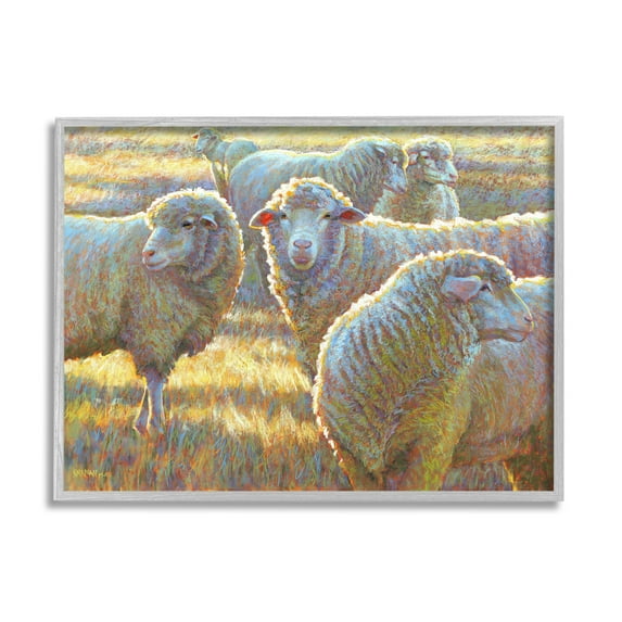 Sheep Herd Grazing Grassland Animals & Insects Painting Gray Framed Art Print Wall Art
