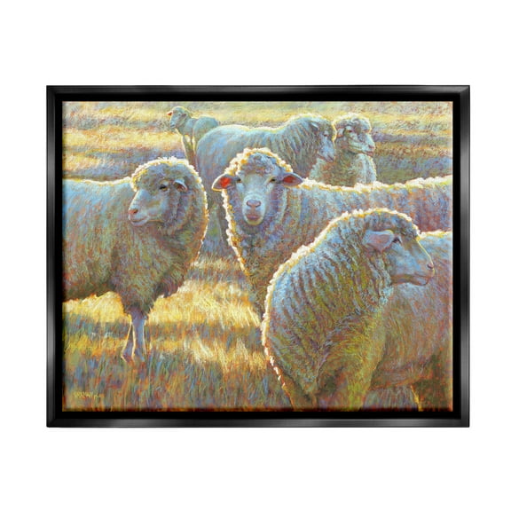 Sheep Herd Grazing Grassland Animals & Insects Painting Jet Black Framed Art Print Wall Art