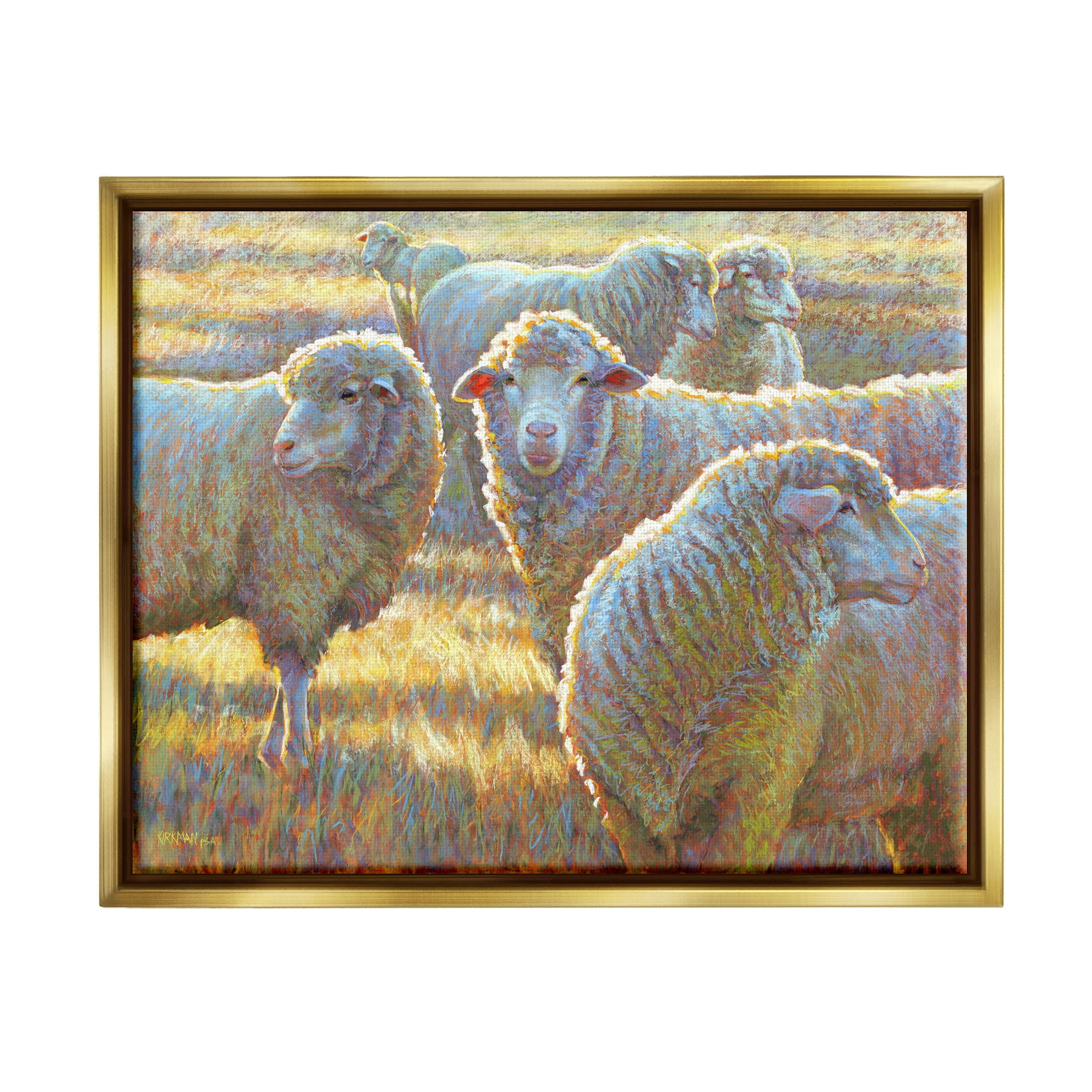 Sheep Herd Grazing Grassland Animals & Insects Painting Metallic Gold Framed Art Print Wall Art