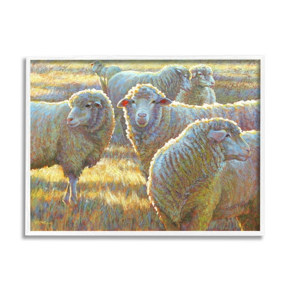 Sheep Herd Grazing Grassland Animals & Insects Painting White Framed Art Print Wall Art