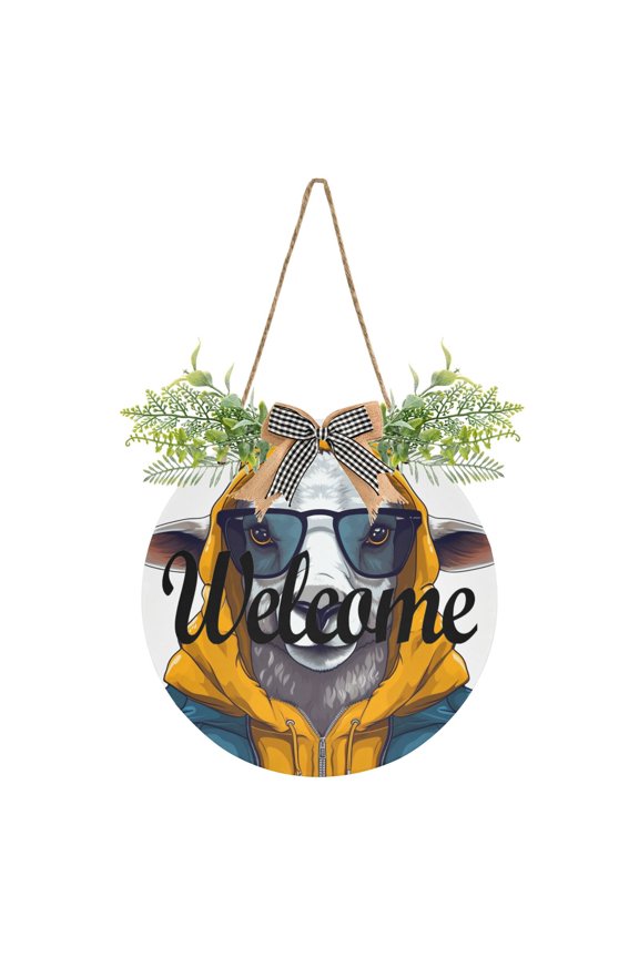 Sheep Hoodie Sunglasses Welcome Sign for Front Door Wreath Door Sign for Farmhouse Porch Decoration Indoor Outdoor