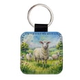 thumbnail image 1 of Sheep In Meadow Watercolor Design Faux Leather Square Keychain, 1 of 7