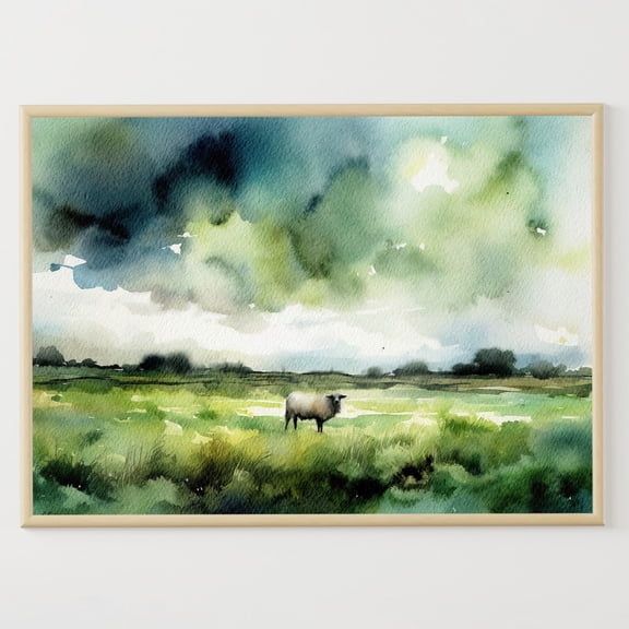 Sheep Irish Landscape Lamb Artwork Ireland Wall Art Green Nature Art Poster, Unframed Poster Size 12x18
