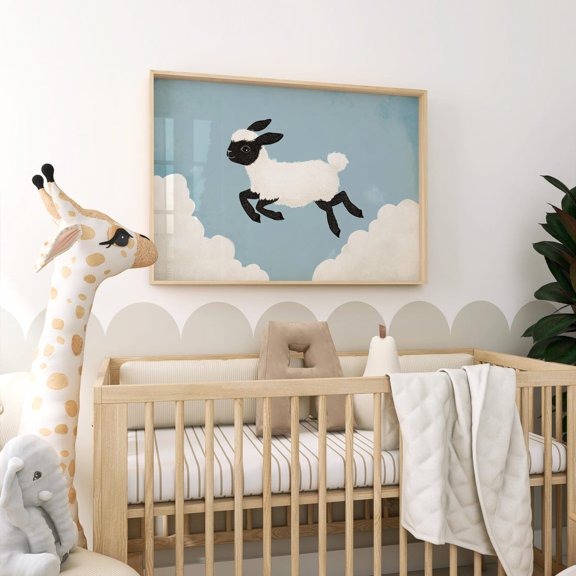 Sheep Jumping Over Clouds Whimsical Nursery Illustration Playful Animal Baby Room Wall Decor, Unframed Paper Poster 8x10in