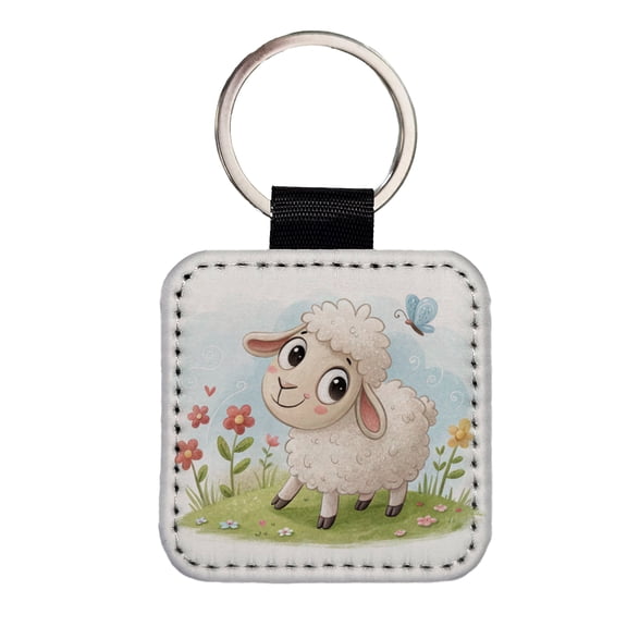 Sheep Lamb Children's Illustration Style Faux Leather Square Keychain