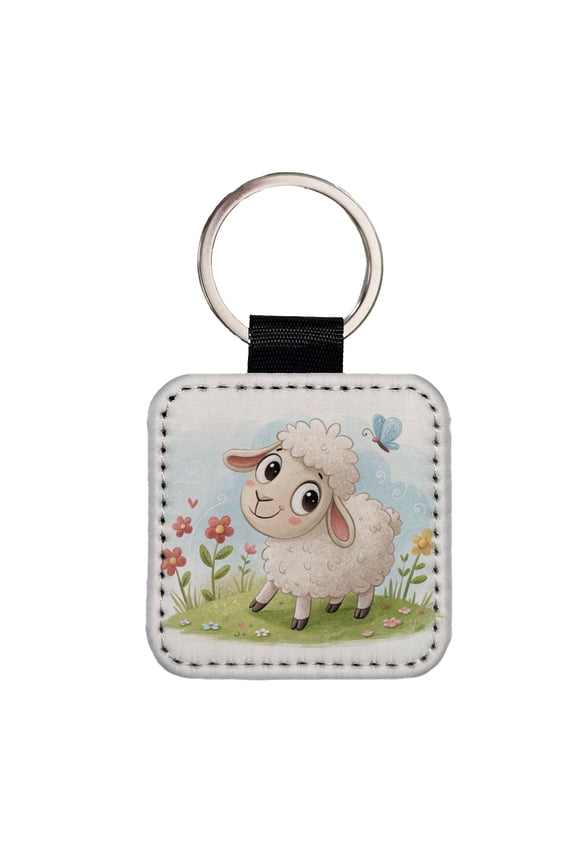 Sheep Lamb Children's Illustration Style Faux Leather Square Keychain