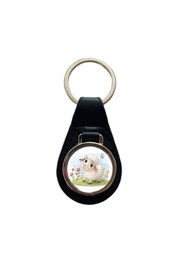 Sheep Lamb Children's Illustration Style Metal Black Leather Keychain