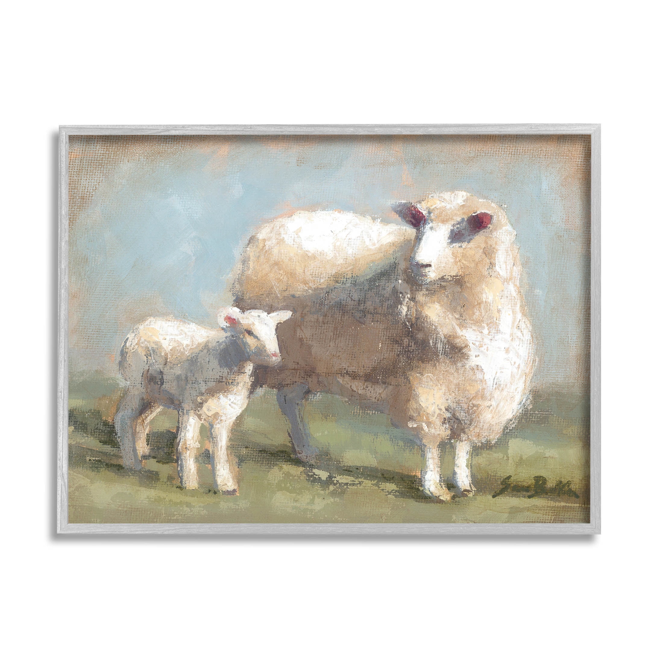 Sheep Lamb Family Farm Animals & Insects Painting Gray Framed Art Print Wall Art