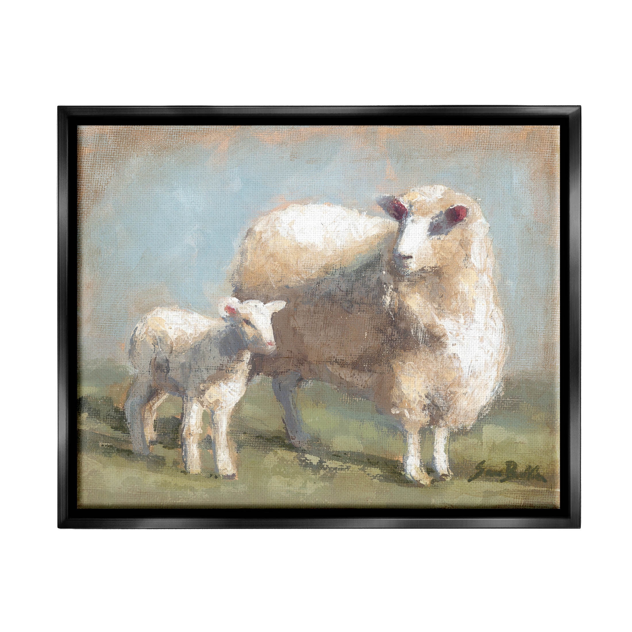 Sheep Lamb Family Farm Animals & Insects Painting Jet Black Framed Art Print Wall Art
