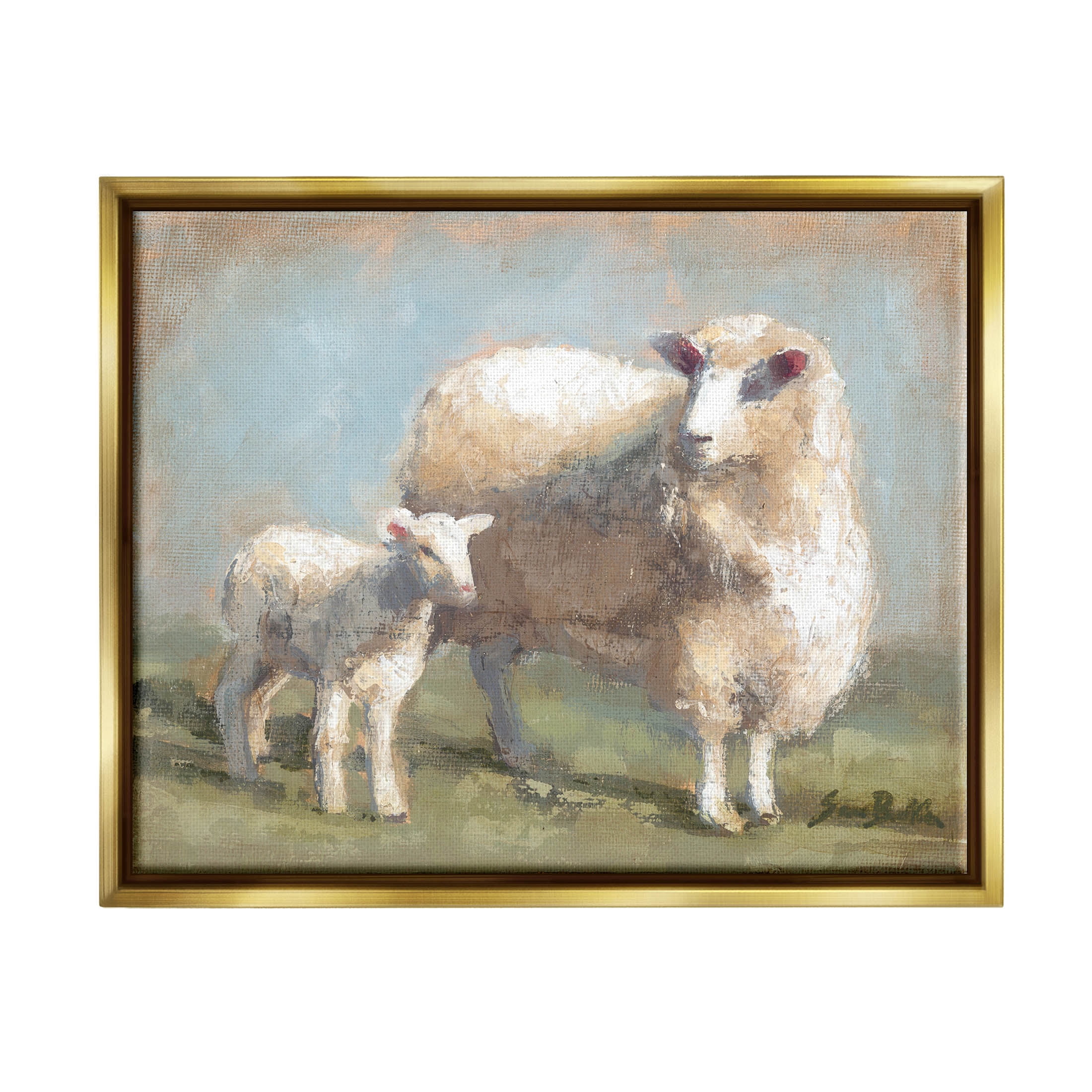Sheep Lamb Family Farm Animals & Insects Painting Metallic Gold Framed Art Print Wall Art
