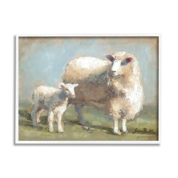 Sheep Lamb Family Farm Animals & Insects Painting White Framed Art Print Wall Art