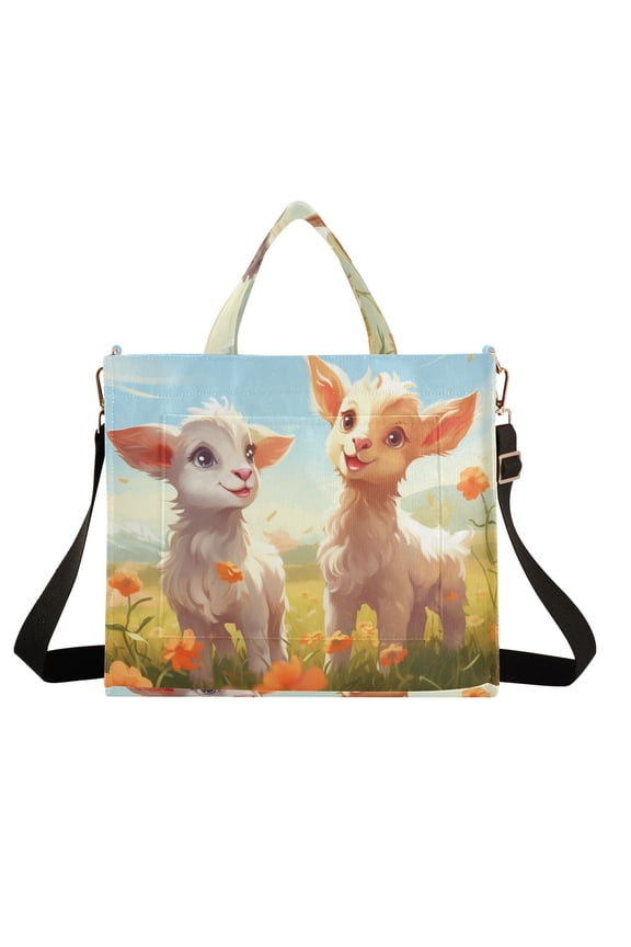 Sheep Lamb Flowers Grassland Corduroy Tote Bag Handbag Large Messenger Bag Shoulder Crossbody Zipper Bag Purse