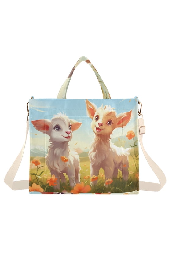 Sheep Lamb Flowers Grassland Corduroy Tote Bag Handbag Large Messenger Bag Shoulder Crossbody Zipper Bag Purse
