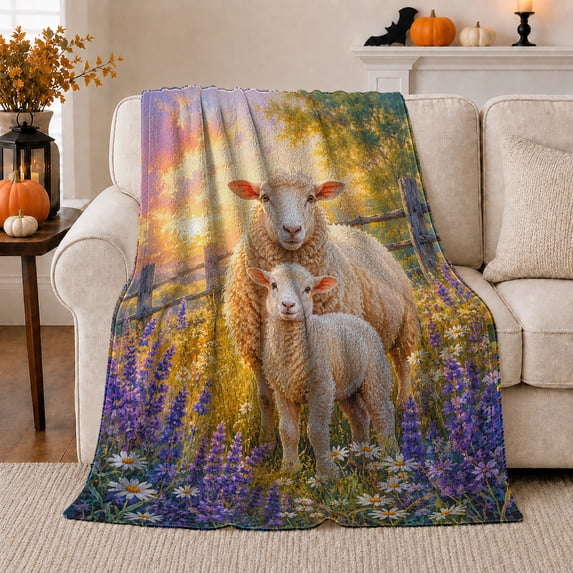 Sheep Lamb Wildflower Meadow At Sunset, Peaceful Rustic Scene, Warm Flannel Blanket for Ranch House and Living Room, Animal Lovers Birthday Gift, Rustic Home Decor