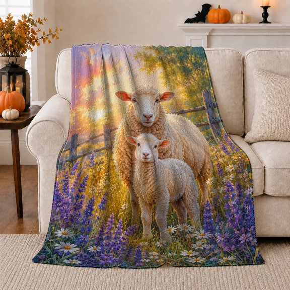 Sheep Lamb Wildflower Meadow At Sunset, Peaceful Rustic Scene, Warm Flannel Blanket for Ranch House and Living Room, Animal Lovers Birthday Gift, Rustic Home Decor