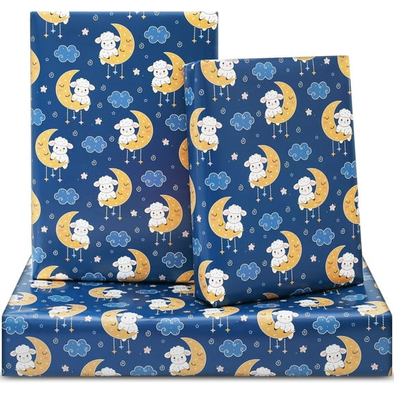 Sheep Lamb Wrapping Paper, Blue Eid al-Fitr Al-Adha Mubarak Sheep Lamb on Moons Sweet Design With Stars Wrapping Paper 6 Sheets Folded Flat 20x28 inches per Sheet for Kids Islam Ramadan Holiday Party