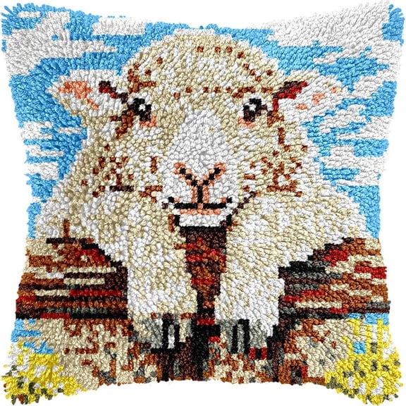 Sheep Latch Hook Kits Pillow DIY Rug Crochet Hook Cushion Making Kits with Preprinted Pattern Canvas Instruction Yarns Pillow Cover Easy Starter DIY Crochet Kits 43x43cm de64)