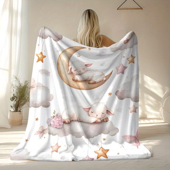 Sheep & Moon Print Blanket , Warm, Polyester with Stars & Clouds Design, Ideal for Camping, Travel, Office, Home Decor, AllSeason Use, Camping Accessory | Tranquil Design | Durable, Moon