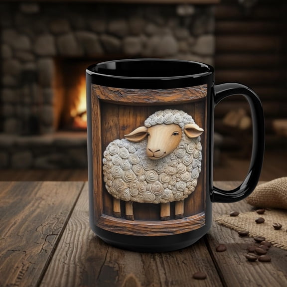Sheep Mug, Cute Lamb Coffee Cup, Nature Farm Animal Lover Mug, Farmhouse Pet Decor Gift, Rustic Wood Style Country Kitchen Ceramic 15oz Mug