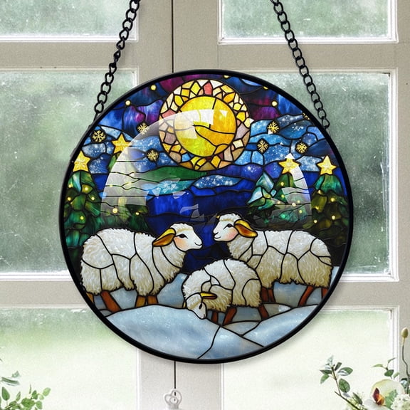 Sheep Ornament Christmas 2025, Sheep Stained Glass Hanging Window Panel Unique Gift for Animal Lovers and Nature Fans