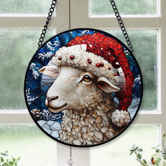 Sheep Ornament Christmas 2025, Sheep Stained Glass Window Panel Elegant Handmade Glass Artwork for Home Decoration