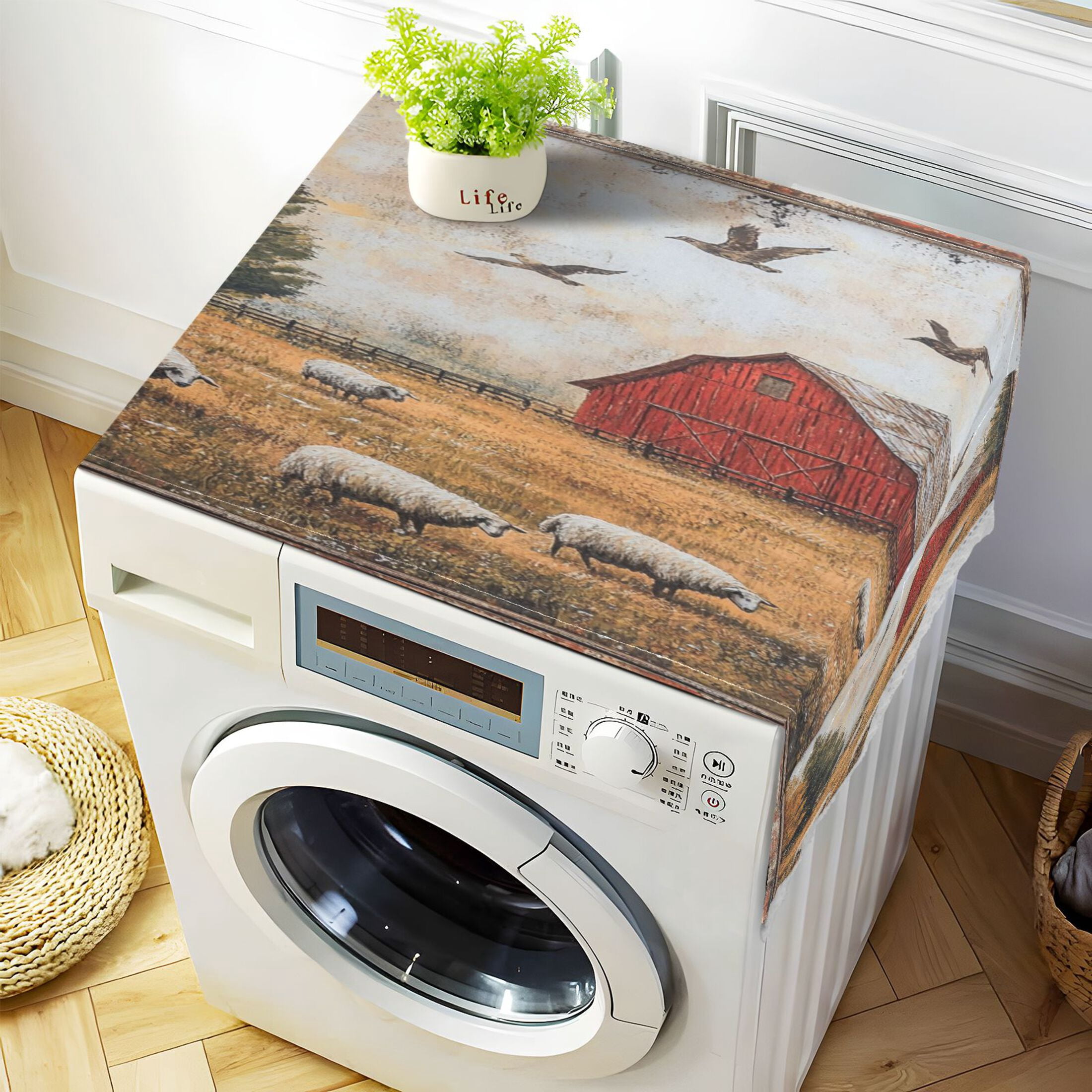 Sheep PastureWasher and Dryer Covers Dust-Proof and Oil Resistant Fridge Cover with 4 Storage Pockets Washing Machine Top Cover for Laundry Kitchen Home 51.2 x 22 In